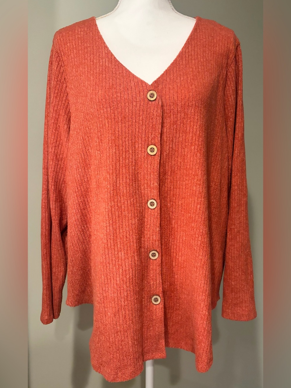 Liberty Love Burnt Orange Ribbed V-Neck Button Cardigan Sweater Plus Size 3XL
